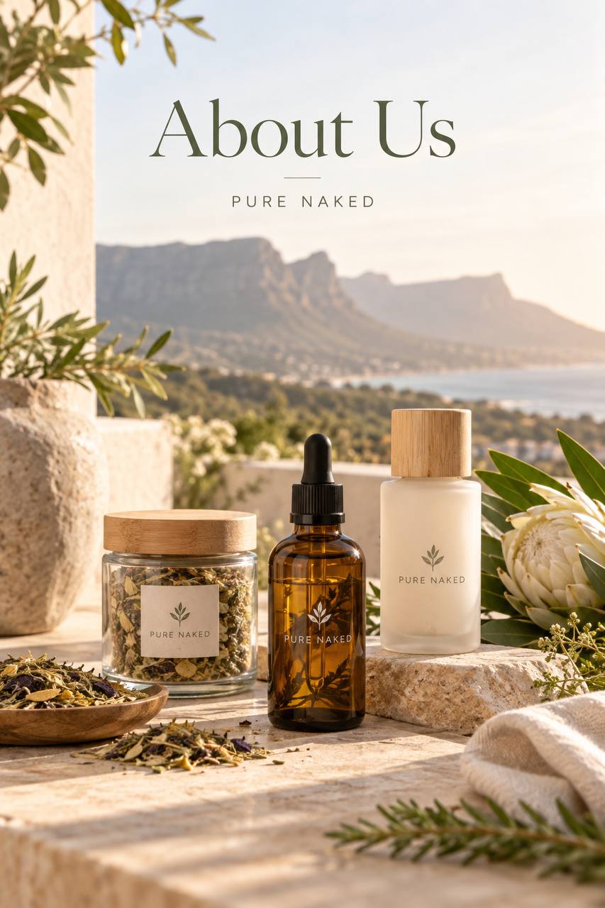 About Us — Pure Naked. Herbal, oil and body-care bottles with Table Mountain in the background.