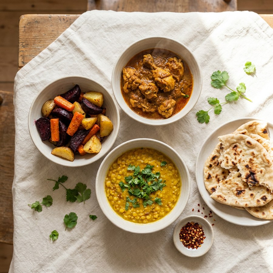 A shared meal of curry, roasted vegetables and flatbread on a linen tablecloth