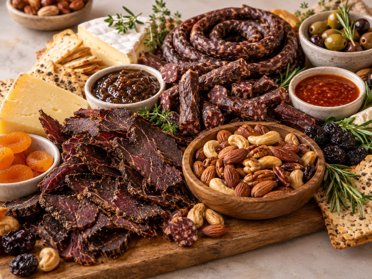 Biltong slices and droëwors with a wooden bowl of mixed nuts, cheese, olives and dried fruit on a board