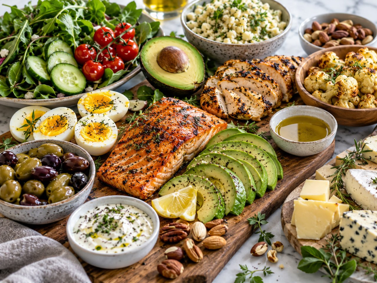 Grilled salmon, sliced avocado, boiled eggs, olives, nuts, cheese and a leafy salad on a marble surface