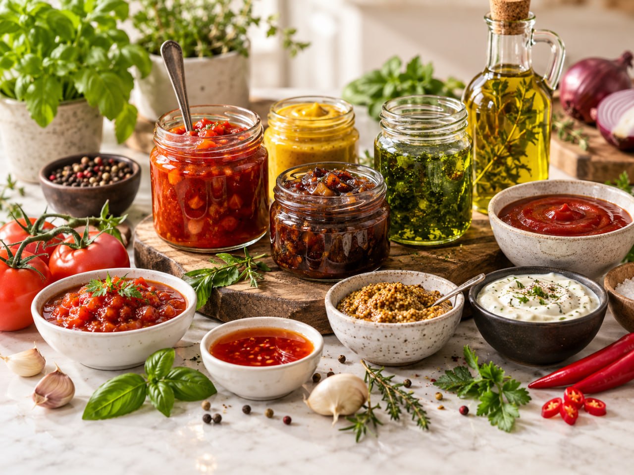 Glass jars of tomato relish, onion marmalade, mustard, pesto and dressings with fresh tomatoes, herbs, garlic and chillies